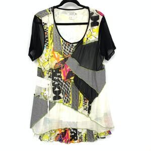 Feratelli Mixed Media Sheer Patchwork Tunic Top Womens L Multicolor Neon